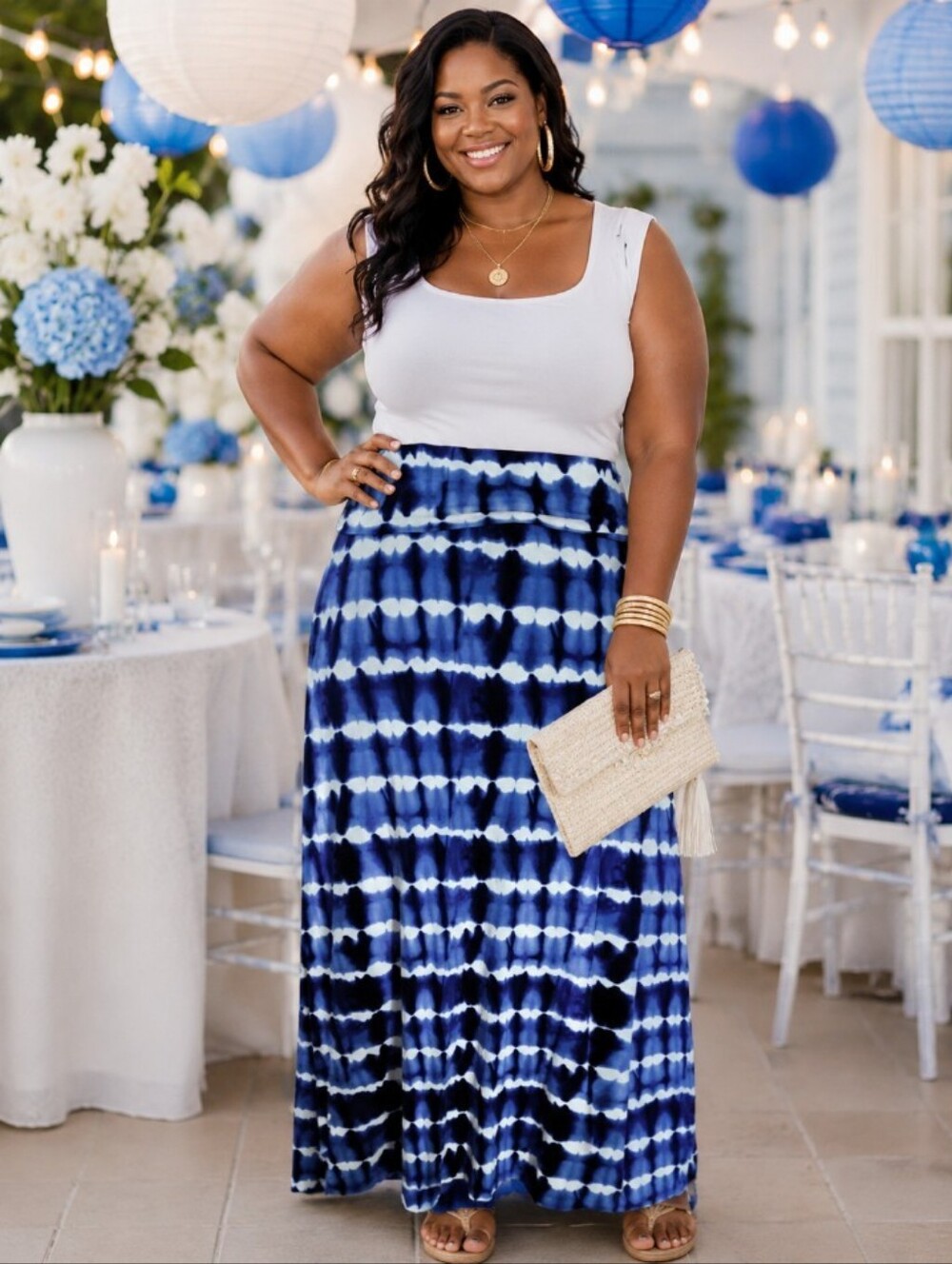 Design History Plus Size Blue Tie-Dye Maxi Skirt — Elastic Waist Size XL